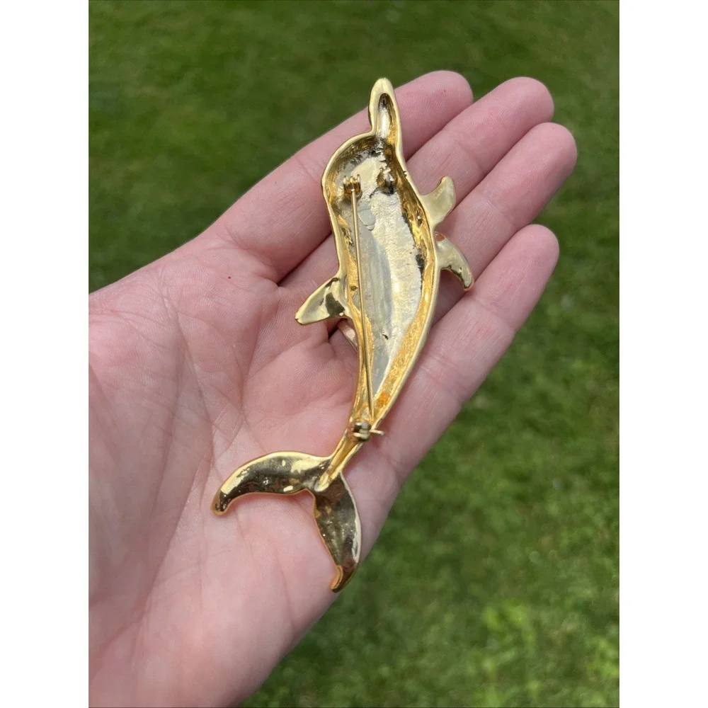 Gold-Tone Dolphin Pin w/ Faux Diamond Stone Eye Brooch Vtg‎ 4.25